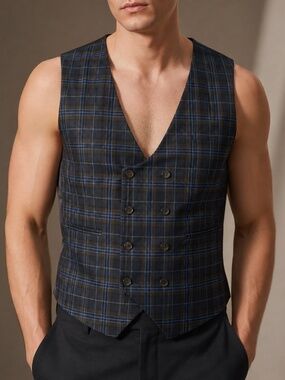 ASOS DESIGN Double Breasted Plaid Suit Vest Navy Blue SIZE 42 NWOT